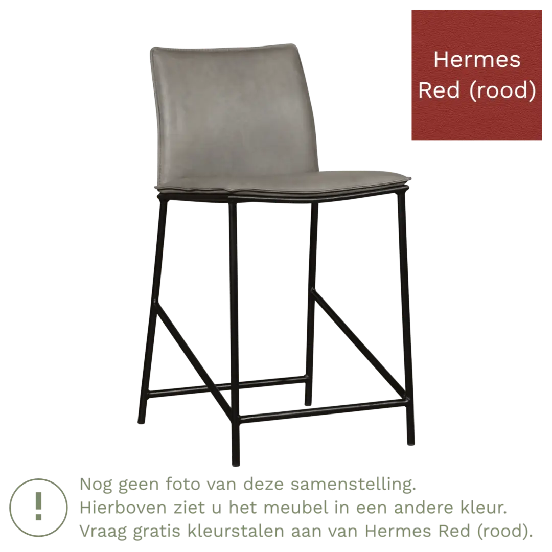 afbeelding van Leren barkruk laag Favor - Hermes Red (rood) - poten staal rond zwart